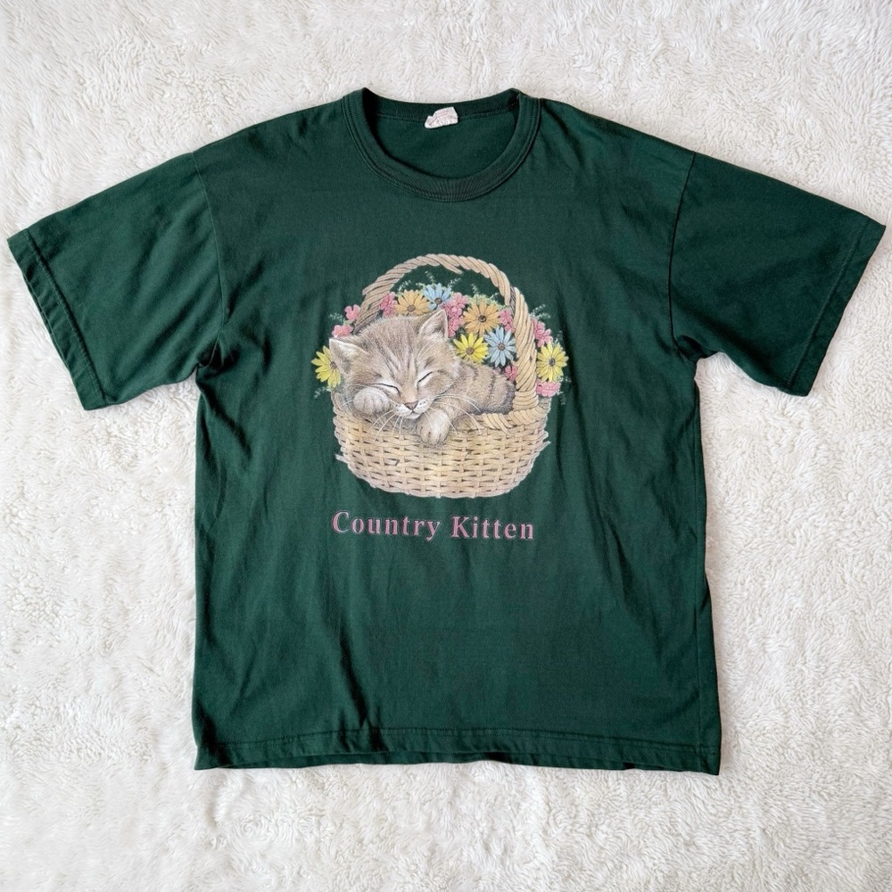 VTG Y2K 90s Green Kitten Floral Country Cat T-Shirt XL Cottagecore Boho Granola